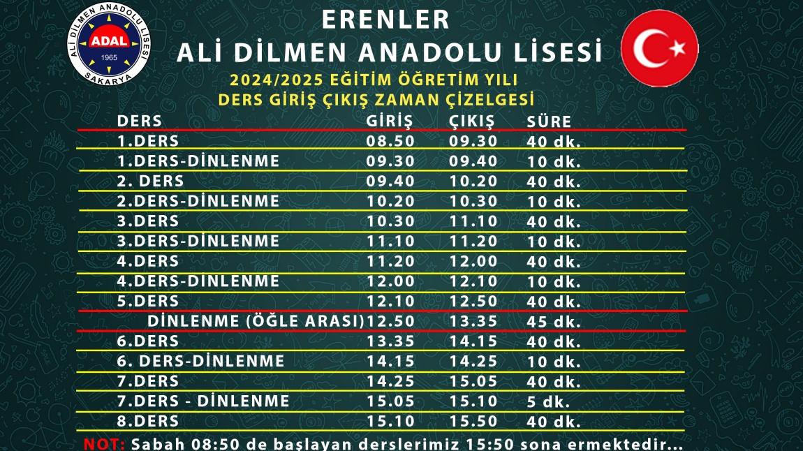 2024/2025 EĞİTİM ÖĞRETİM YILI DERS GİRİŞ ÇIKIŞ ZAMAN ÇİZELGESİ